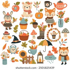 Big set of cute clip art collected for fall. . Stickers and clip art for the fall season. Thanksgiving design on white