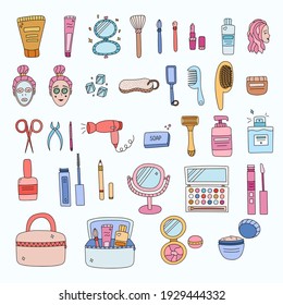 Big set with cute cliparts about body, hair, nail, face care and decorative cosmetics for the beauty. Vector colorful illustrations with hand drawn outline. Different bottles, brushes, products.