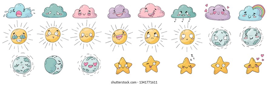 Big set of cute clouds, sun, moon, star on white background. Character and emotion in cartoon style. Hand draw elements in sketch style