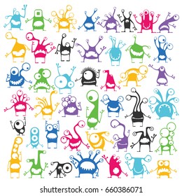 Big set of cute color monsters with different emotions isolated on white, cartoon illustration