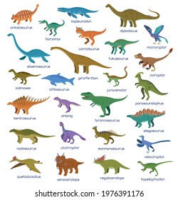 Big set of cute colorful cartoon dinosaurs, isolated on white background. Vector illustration