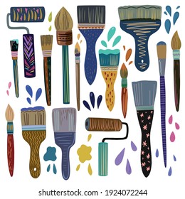 Big set of cute colorful doodle brushes and rollers isolated on white background.