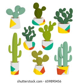 big set of cute colorful illustrations of cactus into modern pots on white background. can be used for stickers, posters or cards