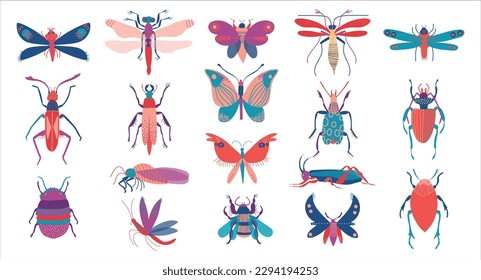 Big set of cute colorful insects. Butterfly, dragonfly, bee, grasshopper cartoon vector Illustration