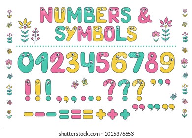 Big set of cute colorful smiling number characters from 0 to 9 and punctuation marks. Funny Font. Cartoon vector illustration on white background for children.