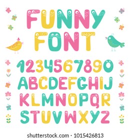 Big set of cute colorful smiling number characters from 0 to 9 and Kids alphabet with eyes. Funny Font. Cartoon vector illustration on white background for children.
