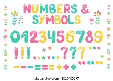 Big set of cute colorful smiling number characters from 0 to 9 and punctuation marks. Funny Font. Cartoon vector illustration on white background for children.