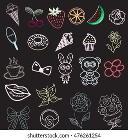 Big set of cute colorful stickers. Stikerpak fruits, animals, flowers. Sticker vector illustration