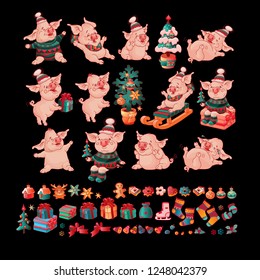 Big Set of Cute comic cheerful pigs and Christmas toys and cookies. Pig sits on gift box. Pig on sled. Piglet laughs and fell from laughter. Funny piglet cartoon style isolated on black background. 