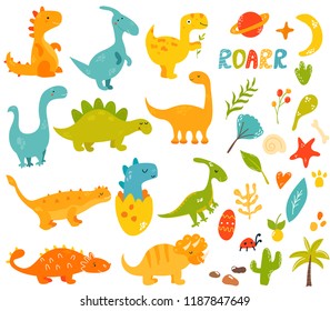 Big set of cute and cool hand drawn dinosaurs and elements, Collection of different species trex, diplodocus, stegosaurus, parasauroloph, triceratops, raptor