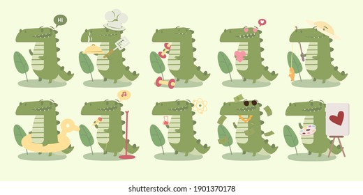 Big set of cute crocodile character with various activities