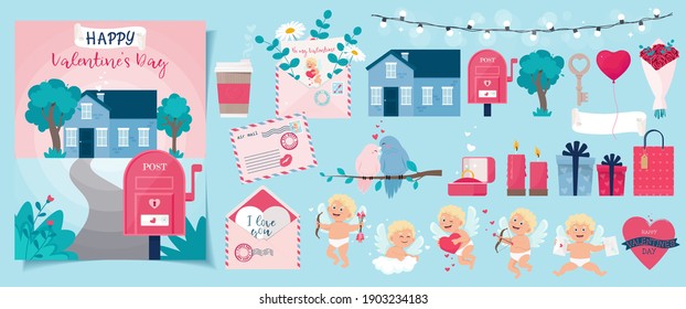 Big Valentine’s set with cute cupid, and others element. Template for greeting card, banner, poster, seamless pattern or others. Vector illustration in cartoon flat style