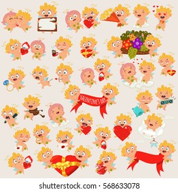 Big set of cute cupids. Cartoon vector illustration for Valentine's Day.