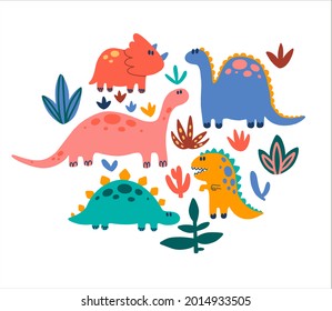 Big set of cute dinosaurs for children. Colorful dino of hand drawn style. Baby clipart design. Vector illustration of dinosaurs and prehistoric vegetation isolated on a white background.