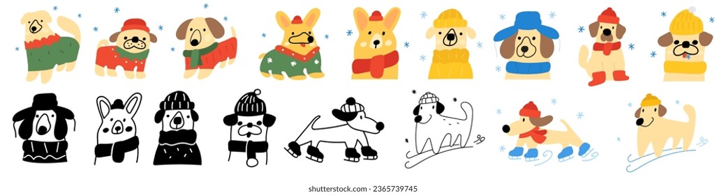 Big set of cute dogs at winter time. Dogs wearing warm clothes. Flat and outline design. Best for greeting card, stickers, web design. Hand drawn vector illustrations on white background. 