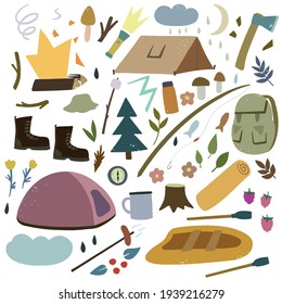 Big set of cute doodle elements of campaign and hiking theme.