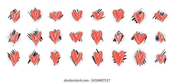 Big set of cute doodle hand drawn red hearts with messy brushstroke textured backgrounds and halftone for Valentines day greeting cards and banners design, stickers