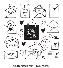 Big set cute doodle love letters, envelope with heart icons. Hand drawn vector illustration. Sweet element for greeting cards, posters, stickers and seasonal design. Isolated on white background