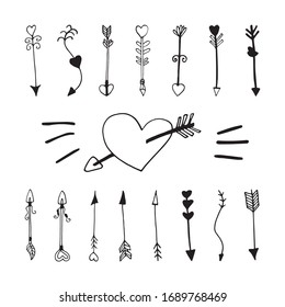 Big set cute doodle love arrows with heart icons. Hand drawn vector illustration. Sweet element for greeting cards, posters, stickers and seasonal design. Isolated on white background