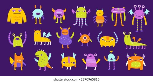 Un gran conjunto de monstruos adorables del doodle. Colección vectorial de bestias divertidas para los niños. Luminoso paquete de monstruos de dibujos animados.