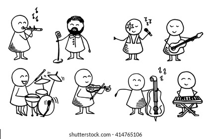 Big set of cute doodle people playing different musical instruments. Vector doodle Illustration .