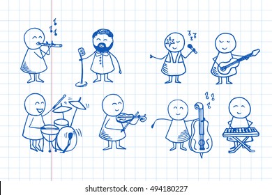 Big set of cute doodle people playing different musical instruments. Party hand drawn background. Vector doodle Illustration  on notebook page.