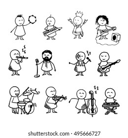 Big set cute doodle people playing different musical instruments  Vector doodle Illustration  Musical background 