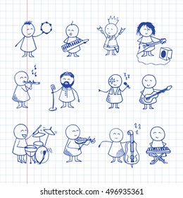 Big set of cute doodle people playing different musical instruments. Vector doodle illustration on notebook page. Musical background.