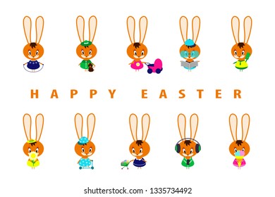 Big set of cute Easter bunnies in different poses. Spring fun for little rabbits.