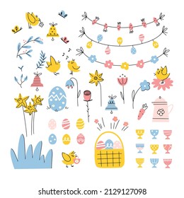 Big set of cute easter elements, including different colored eggs, chickens, flowers, garlands etc. Good for greeting cards, banners, invitations, flyers.