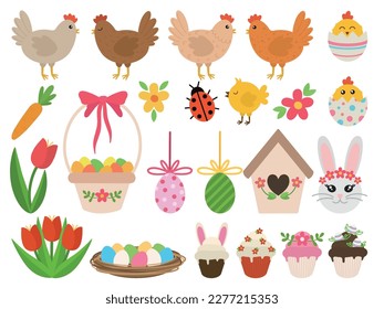 Big set of cute Easter elements. Cartoon easter elements. Easter decoration set.