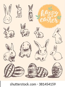 Big set of cute easter rabbits, easter eggs