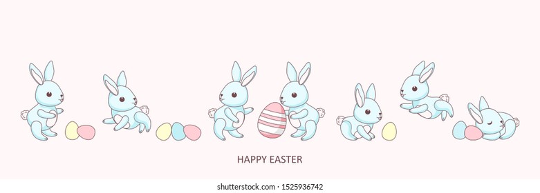 Big set of cute easter's babies bunnies and Easter eggs. Inscription "Happy Easter". Greeting card, vector banner