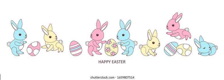 Big set of cute easter's babies bunnies and Easter eggs. Inscription "Happy Easter". Greeting card, vector banner - Shutterstock ID 1659807514