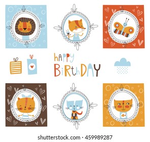 Big set of cute elements for Birthday cards and stickers. Hand Drawn. 