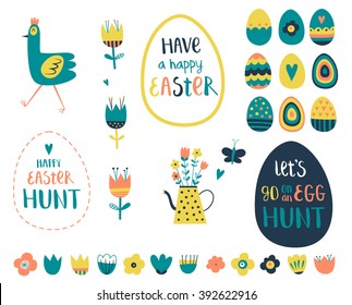 Big set of cute elements for Easter  cards and stickers. Hand Drawn. For Easter, party invitations, scrapbook. Vector illustration. Turquoise, peach, blue, yellow.