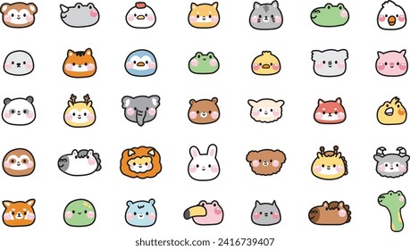 Big set of cute face animals cartoon design.Zoo.Kid graphic.Farm,rodent,reptile,wild,pet,bird animal hand drawn collection.Kawaii.Vector.Illustration.