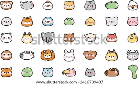 Big set of cute face animals cartoon design.Zoo.Kid graphic.Farm,rodent,reptile,wild,pet,bird animal hand drawn collection.Kawaii.Vector.Illustration.