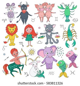 Big set of cute fantastic animals and characters as zodiac signs. Kids horoscope. Vector illustration in cartoon style on white background. Design elements for calendars or cards.