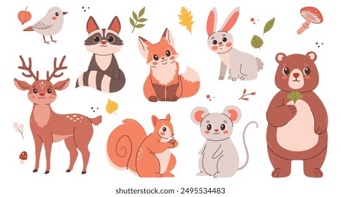 Gran conjunto de lindos animales de otoño del bosque, pájaros, plantas. Pegatinas de temporada de otoño y Clipart. Diseño de Acción de Gracias en blanco