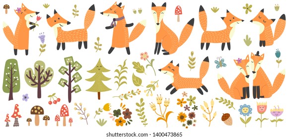 Big set of cute foxes, trees and plants. Forest elements collection. Vector illustration