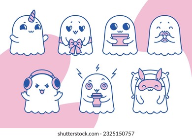 Big set of cute friendly ghosts in trendy colors, isolated vector illustrations