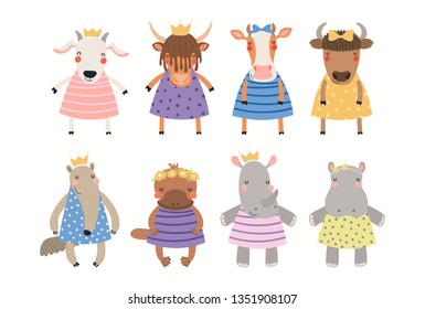 Big set of cute funny animal girls in dresses. Isolated objects on white background. Hand drawn vector illustration. Scandinavian style flat design. Concept for children print.