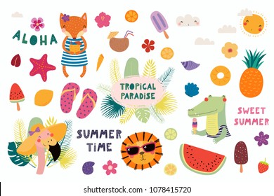 Big set of cute funny animals and summer design elements and quotes. Isolated objects on white background. Vector illustration. Scandinavian style flat design. Concept for children print.