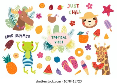 Big set of cute funny animals and summer design elements and quotes. Isolated objects on white background. Vector illustration. Scandinavian style flat design. Concept for children print.