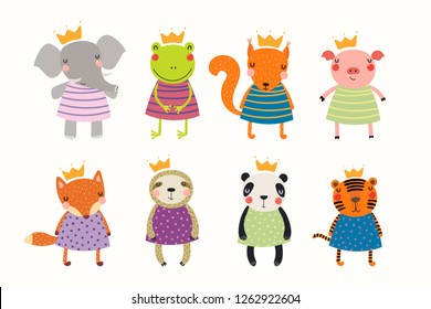 Big set of cute funny animals princesses in crowns and dresses. Isolated objects on white background. Hand drawn vector illustration. Scandinavian style flat design. Concept for children print.