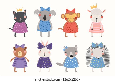 Big set of cute funny animals princesses in crowns, ribbons, dresses. Isolated objects on white background. Hand drawn vector illustration. Scandinavian style flat design. Concept for children print.