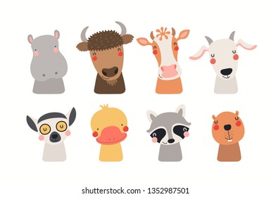 Big set of cute funny animals faces. Isolated objects on white background. Hand drawn vector illustration. Scandinavian style flat design. Concept for children print. - Shutterstock ID 1352987501