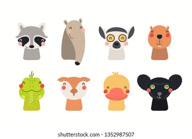 Big set of cute funny animals faces. Isolated objects on white background. Hand drawn vector illustration. Scandinavian style flat design. Concept for children print.