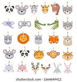 Big Set of cute funny animals with unicorn horns, Scandinavian style flat design. Concept for children print.